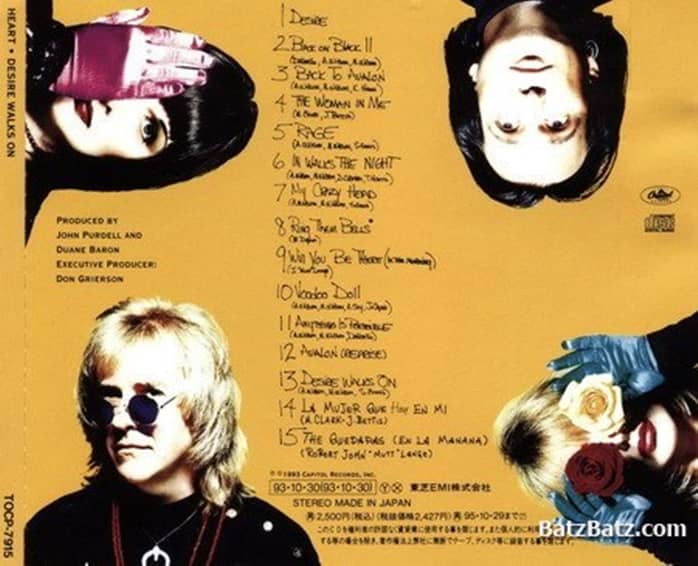 Back cover for Heart's 11th studio album, "Desire Walks On." (My copy did not include tracks 14 & 15 -- the two Spanish translations.)