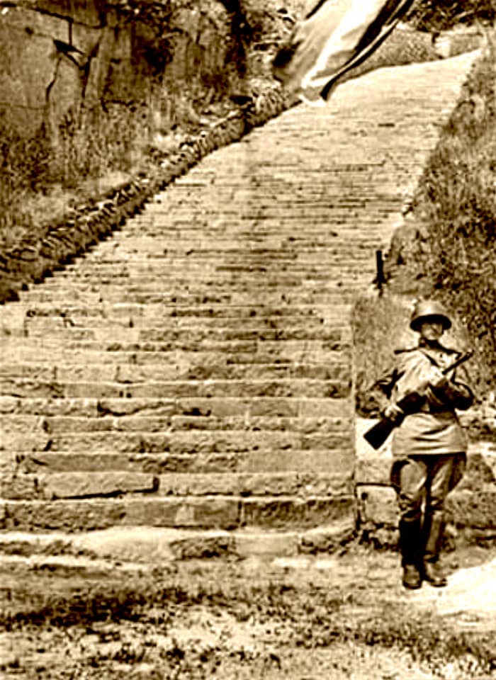 The photo above is one of hundreds in Bernadac voluminous works shows the "Stairway of Death" at the Mauthausen camp. In the photo a Soviet soldier is standing as a guard after the camp was made into a Holocaust Memorial Site by the Soviet Union gove