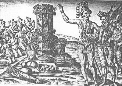 The Chicora meet the Spanish. Friendly at first, the Spanish suddenly captured 140 people for slaves and half died en route to Hispaniola in the Caribbean Sea.