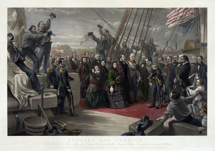 England and America. The visit of her majesty Queen Victoria to the Arctic ship Resolute - December 16th, 1856, to whom this engraving is by special permission respectfully dedicated by her obedient servants, P. & D. Colnaghi & Co., an engraving by G