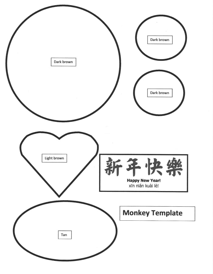 Large Monkey Face Printable Template --for cutting shapes out of colored paper -- Year of the Monkey