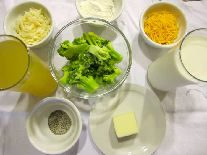 Ingredients: chicken broth, flour, milk, butter, cheddar cheese, swiss cheese, salt, pepper, and broccoli.