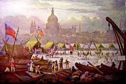 The last ever Frost Fair, 1814. This was during the late Regency, the year before Waterloo. In another seventeen years we would see a new London Bridge