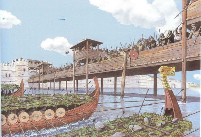 A perception of Olaf's ships as they pull away from the bridge with cables attached to the bridge timbers. They had used the thatched roofs of dwellings from Greenwich to shelter from the arrows of Knut's Danes on the bridge.