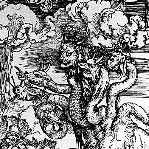 Here we show a portion of 'The Sea Monster and the Beast with the Lamb's Horn' - the thirteenth Woodcut from the suite by Albrecht Durer known as "The Apocalypse".
