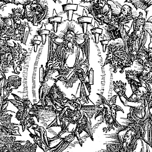 Here we show a portion of 'St John and the Twenty-four Elders in Heaven' - the third Woodcut from the suite by Albrecht Durer known as "The Apocalypse".