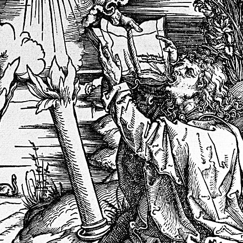 Here we show a portion of 'St John Devours the Book' - the tenth Woodcut from the suite by Albrecht Durer known as "The Apocalypse".