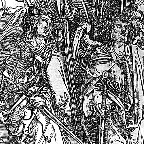 Here we show a portion of 'Four Angels Staying the Winds and Signing the Chosen' - the sixth Woodcut from the suite by Albrecht Durer known as "The Apocalypse".
