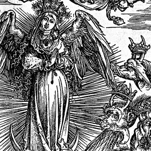Here we show a portion of 'The Woman Clothed with the Sun and the Seven-headed Dragon' - the eleventh Woodcut from the suite by Albrecht Durer known as "The Apocalypse".