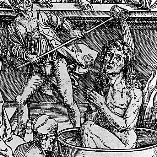 Here we show a portion of 'The Martyrdom of St John the Evangelist' - the first Woodcut from the suite by Albrecht Durer known as "The Apocalypse".
