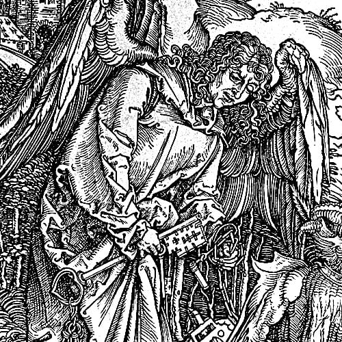 Here we show a portion of 'The Angel with the Key to the Bottomless Pit' - the fifteenth Woodcut from the suite by Albrecht Durer known as "The Apocalypse".