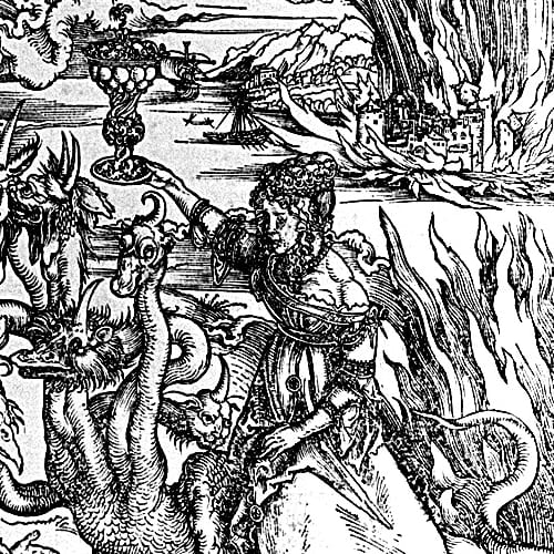 Here we show a portion of 'The Whore of Babylon' - the fourteenth Woodcut from the suite by Albrecht Durer known as "The Apocalypse".