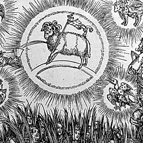 Here we show a portion of 'The Adoration of the Lamb and the Hymn of the Chosen' - the seventh Woodcut from the suite by Albrecht Durer known as "The Apocalypse".