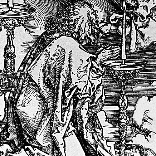 Here we show another portion of "St John's Vision of Christ and the Seven Candlesticks" by Albrecht Durer - this this image, we see St John kneeling in veneration before Christ.