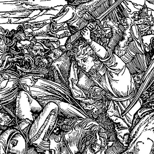 Here we show a portion of 'The Battle of the Angels' - the ninth Woodcut from the suite by Albrecht Durer known as "The Apocalypse".