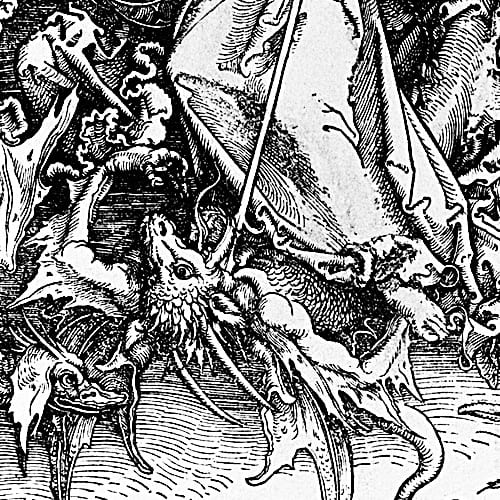 Here we show a portion of 'St Michael Fighting the Dragon' - the twelfth Woodcut from the suite by Albrecht Durer known as "The Apocalypse".