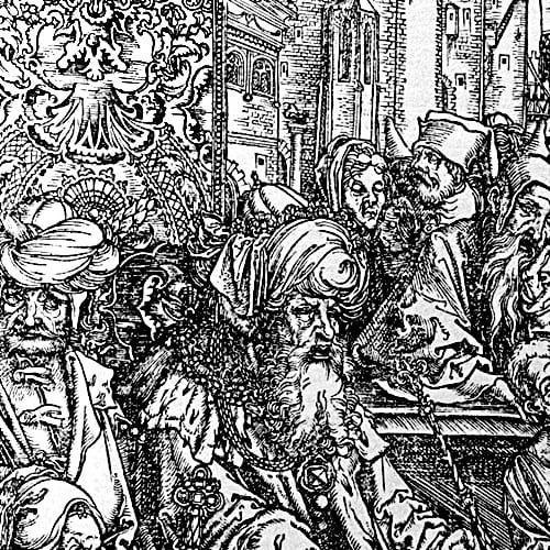 Here we show another portion of "The Martyrdom of St John" by Albrecht Durer. In this this image, we see the Emperor Domition and members of his Court (to the middle and left) and some medieval Gothic architectural features (in the background).