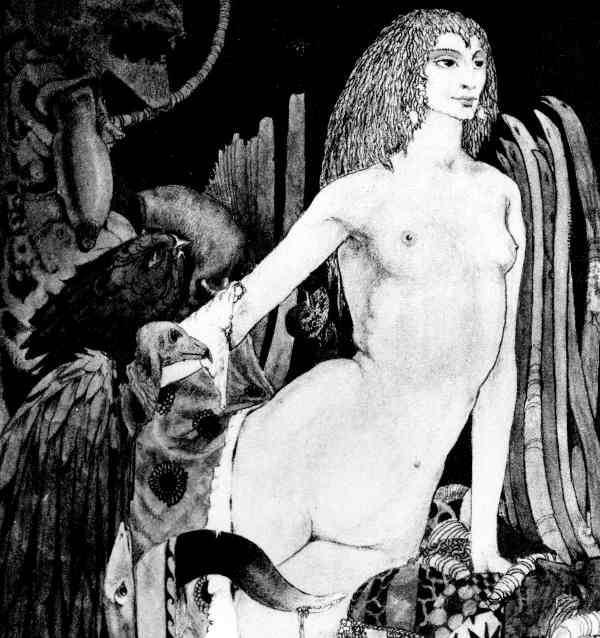 Here we show a portion of 'Faustine' - it is from the suite of designs by Harry Clarke published in "Selected Poems of Algernon Swinburne" (1928).