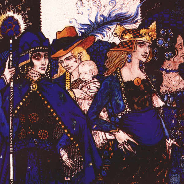 Here we show a portion of one of the Stained Glass panels by Harry Clarke inspired by Synge's "Queens" - it was produced in 1917.