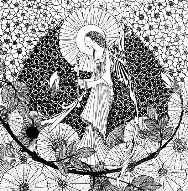 Here we show a portion of 'With magic key ... unlocking buds that keep the roses' - it is one of the monotone designs from Harry Clarke published in "The Year's at the Spring" (1920).