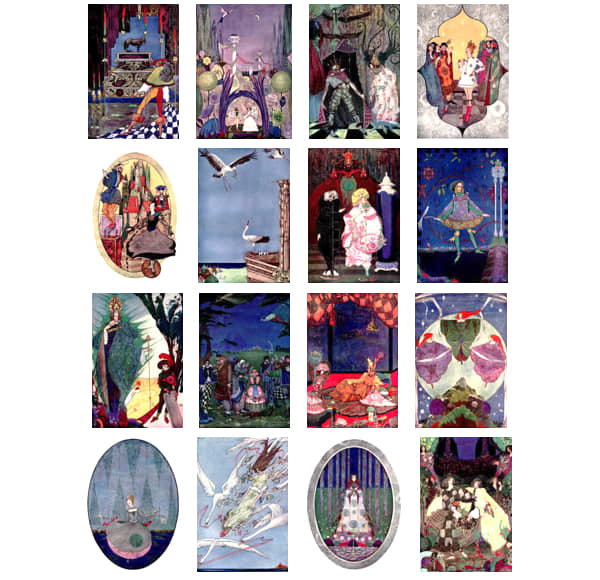 Here we show each of the color designs by Harry Clarke published in "Fairy Tales by Hans Christian Anderson" (1916).