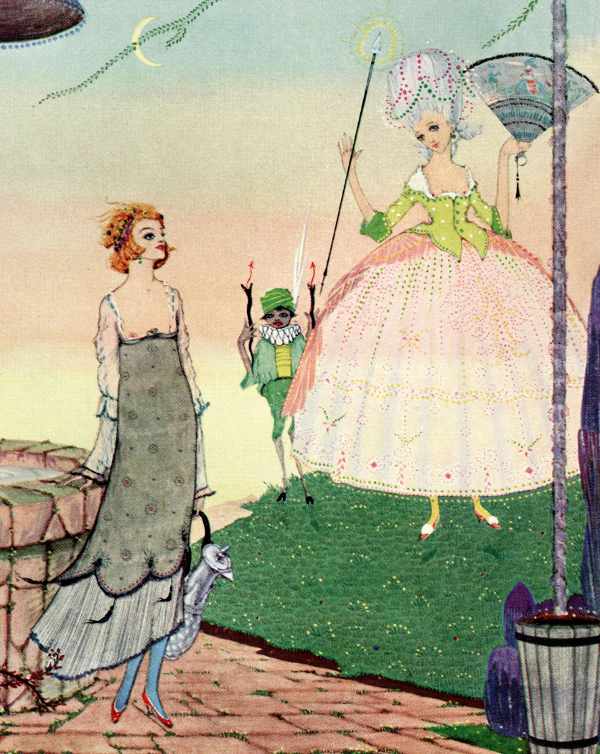 Here we show a portion of 'Madam must get her own water' - it is from the suite of designs by Harry Clarke published in "The Fairy Tales of Charles Perrault" (1922).