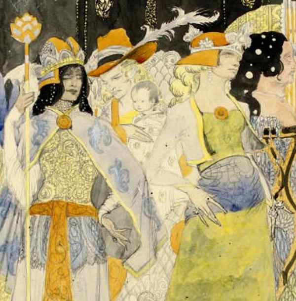 Here we show a portion of the preparatory illustration (known as a 'cartoon') by Harry Clarke associated with the Stained Glass panel shown above.