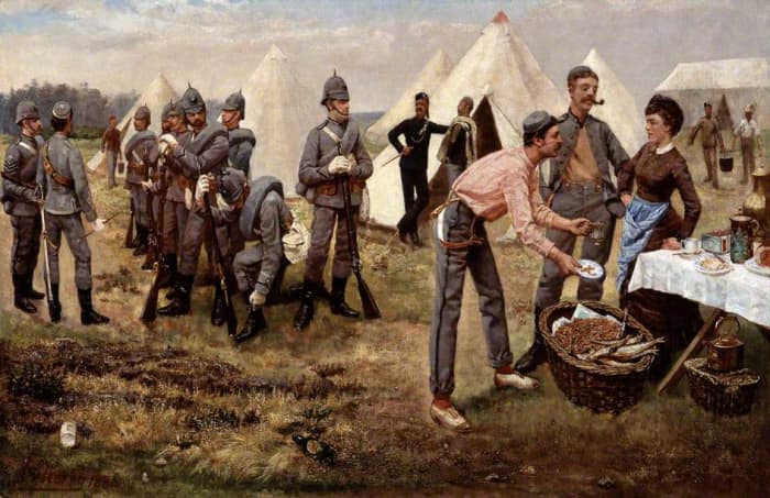 The Artists' Rifles in camp, 1884 - note the casual footwear of the gentleman in the foreground with the pinafored cook. These would never be soldiers in the conventional sense, not for lack of trying by the powers-that-be to lick them into shape