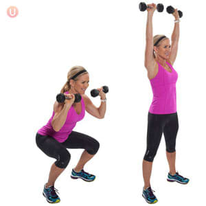 Thrusters: A lower- and upper body explosive lift. It combines two exercises; the front squat and the push press, into one power movement. It may be conducted using either a barbell or dumbbells.