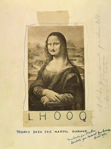 Marcel Duchamp's 1919 parody of the piece titled "L.H.O.O.Q, Mona Lisa With Mustache" L.H.O.O.Q. is a French pun; the letters pronounced in French sound like "Elle a chaud au cul," which translates to "She is hot in the arse"