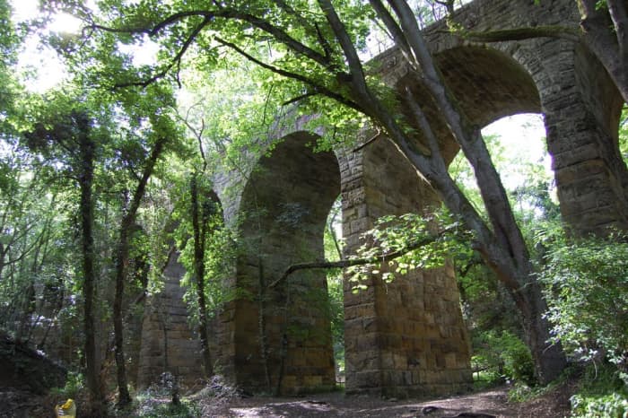 Waterfall Viaduct is largely hidden from the road at Slapewath, east of Guisborough. The CR line passed south of Guisborough towards Boosbeck. It was closed to passenger traffic by the mid-1950s and track was lifted by the mid-1960s