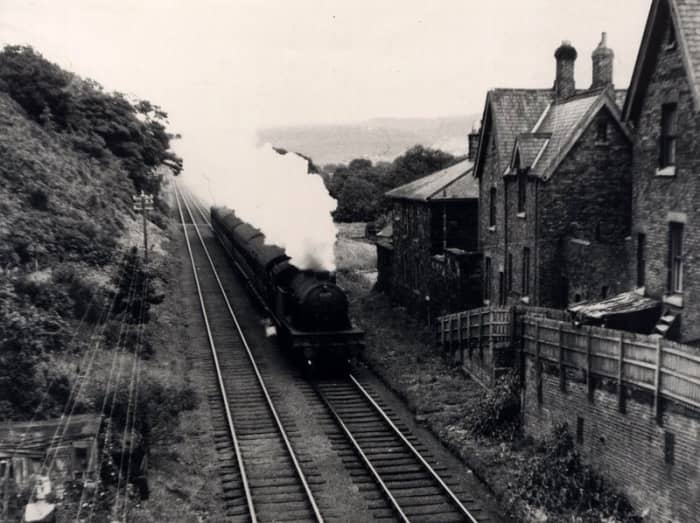 Class V1/V3 2-6-2 tank locomotive brings a short passenger working from the Boosbeck direction past Slapewath on the former Cleveland Railway Guisborough-Loftus line