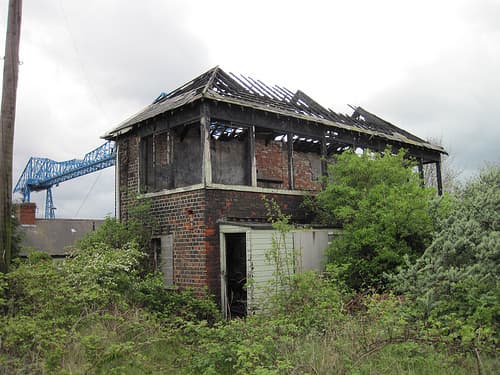 Overshadowed by the Transporter Bridge, across the Tees in former WHH&R territory, the ruin of the North Eastern Railway's Central Division Port Clarence signal cabin. Time is the giant killer!