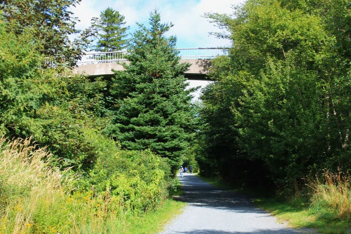 This cantilevered bridge is a pedestrian overpass which crosses over what was once the railroad track but is now a walking trail, and part of the "NL TRailway".