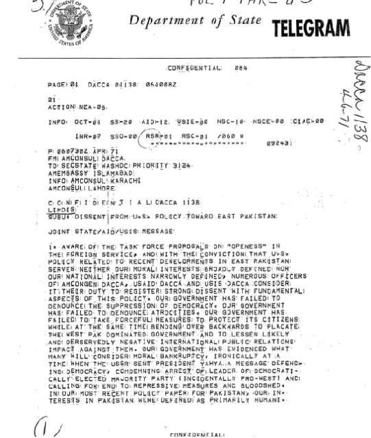 The Blood Telegram(April 6th, 1971) - Seen as the strongest dissent from US policy towards East Pakistan