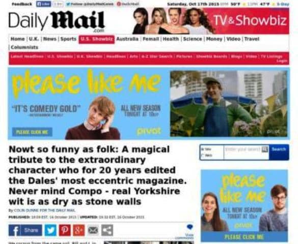 The 'Daily Mail' tribute to Dalesman editor and journalist Bill Mitchell. The 'Dalesman' magazine and associated books are read far and wide, beyond the bounds of Yorkshire's western hilly - and in parts mountainous - extremes