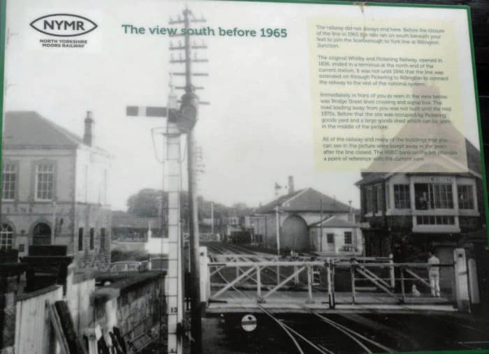 The view south from Pickering Station - display board at the south end of the station shows the scenery as it was before closure early in 1965