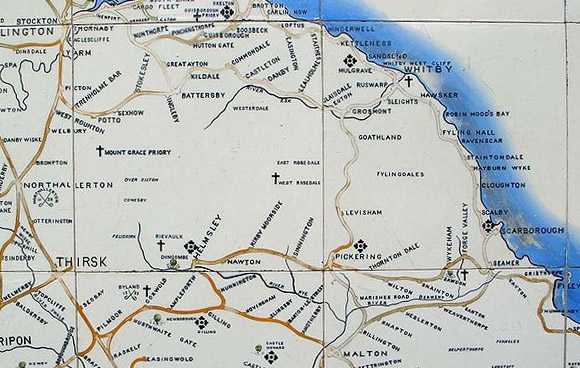 North Eastern Railway tile map shows the Pickering area. More important stations such as Whitby Town, Pickering, Scarborough Central, Malton and Helmsley had one on the wall near an exit for travellers to plan their journeys.