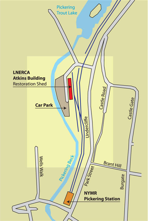 A schematic diagram of Pickering Station and environs, with the LNER Coach Association's workshop to the north-west of the station. A new locomotive shed is scheduled to be built on the site of the Pickering Trout Lake