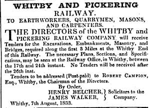 August 1833 - Tender notice for contractors to bid on the first section of the Whitby & Pickering Railway.