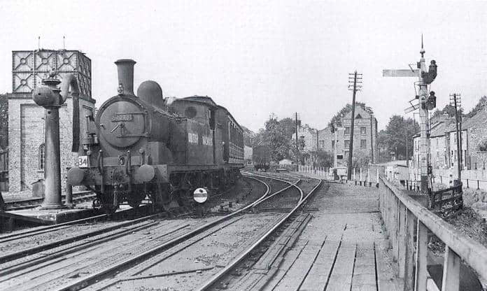 NER Class O, LNER/BR Class G5 0-4-4 tank locomotive 67273 allocated to Malton shed (50F) in 1950-59 approaches Pickering Station from the north