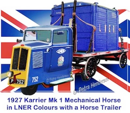 A model of a PCH 1927 Karrier mechanical horse in LNER livery. These vehicles were furnished with narrow, tapering cabs and engine housing