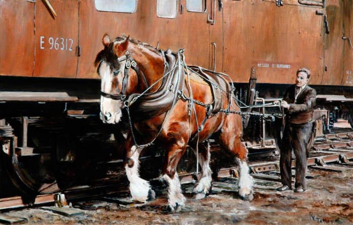 'Charlie', the last shunting horse based at Newmarket, Suffolk, seen here with his handler 'Lol' (Lawrence) Kelly before retirement in 1967. Painting by R Tetley