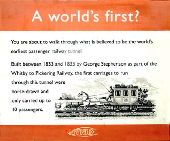 This sign is situated at what is now the goot tunnel, Grosmont (NYMR), to show the sort of horse-drawn carriage that was seen on the erstwhile Whitby & Pickering Railway in the mid-1830s after opening 1835