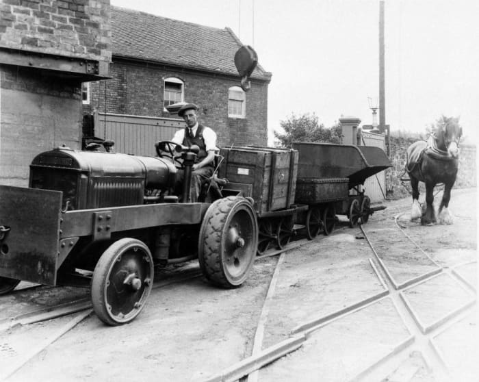 Shunting with trace horse and International tractor, a test of team work at Horsehay Iron Works, Shropshire