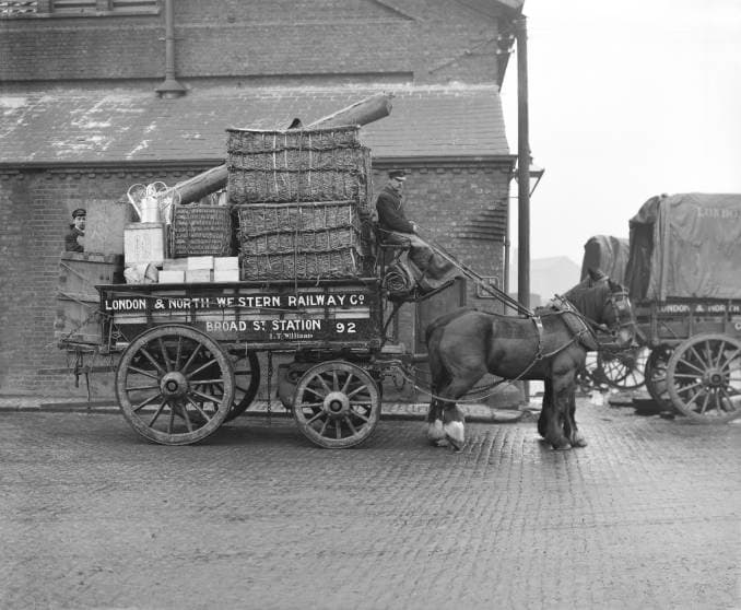 Two-horse London & North Western Railway delivery cart loaded up and ready to go from Broad Street Goods Depot, Central London (next door to the Great Eastern's Liverpool Street Station, EC2) - you can almost hear the springs groan!