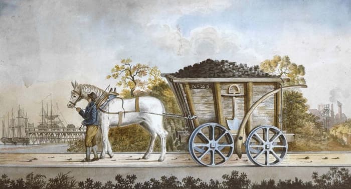 Period painting of a Neilston Bank chaldron wagon (western Scotland) with coal load for shipping from the Clyde