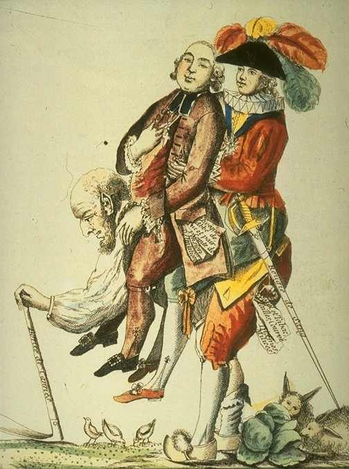 The commoners in France were tired of "carrying" the clergy and nobility, as is depicted in this drawing. They finally revolted and demanded that the absolute monarchy be dismantled.