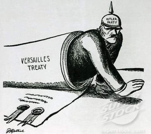 A fairly obvious cartoon : it is thanks to Versailles that Hitler could come to power in Germany, like a monster emerging from the barrel of some gun.