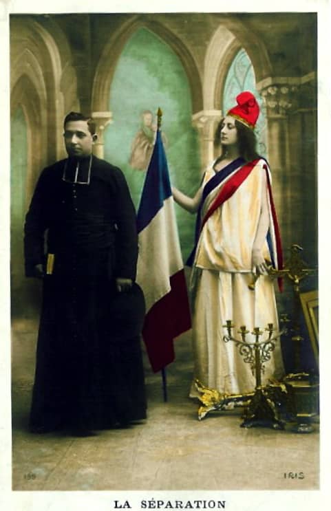 This is an allegorical painting of the separation of Church and State in France after the 1905 law on religion and education : it fits perfectly into the views of Enlightenment philosophers on the Church.